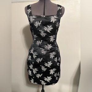 Vintage Black and Silver Brocade Print Mini Dress